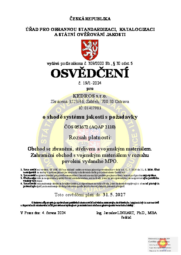 Osvědčení AQAP č. 19/1-2024